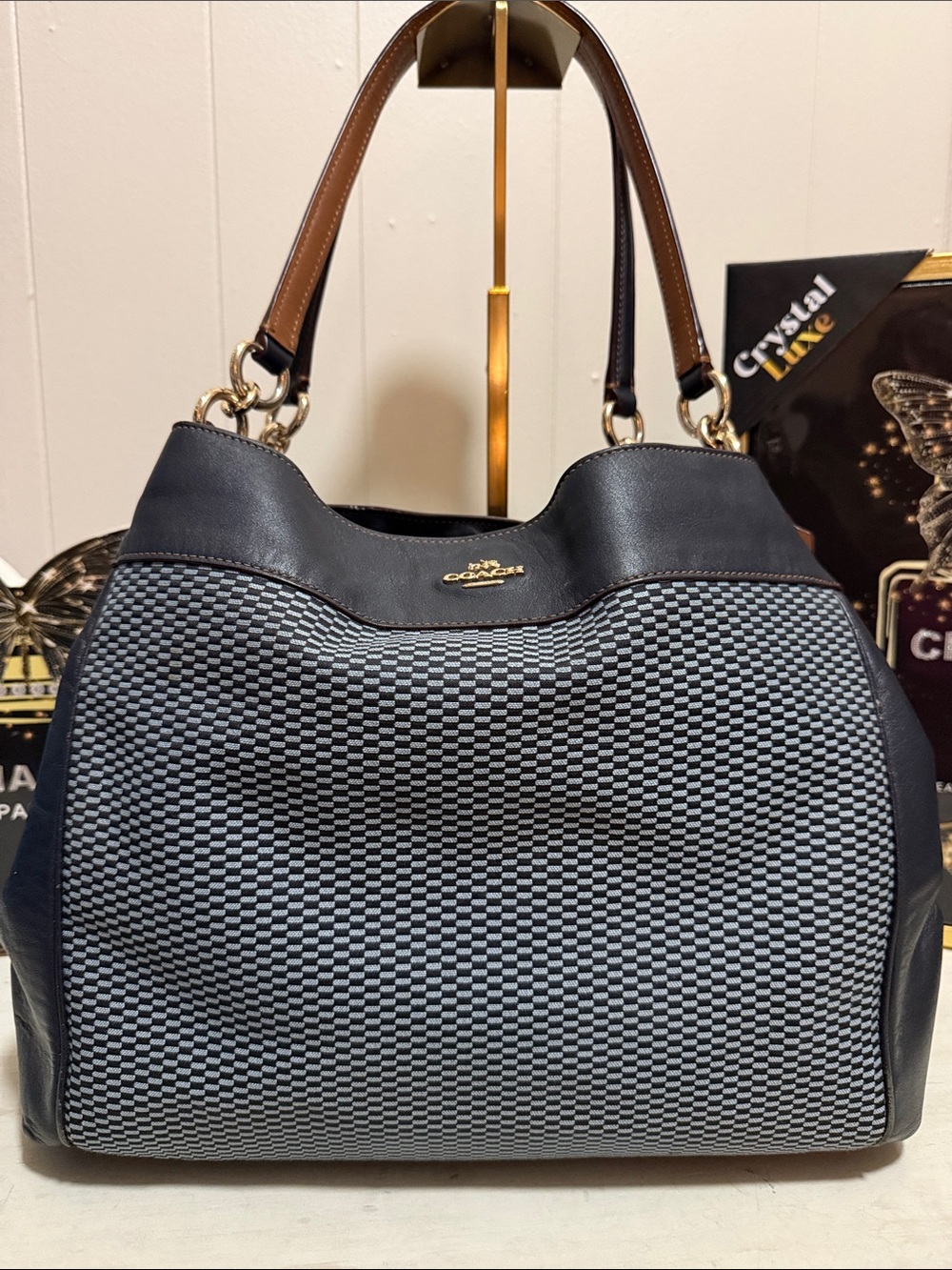 Coach Lexy Navy and Light Blue Woven Legacy Jacquard Shoulder Tote